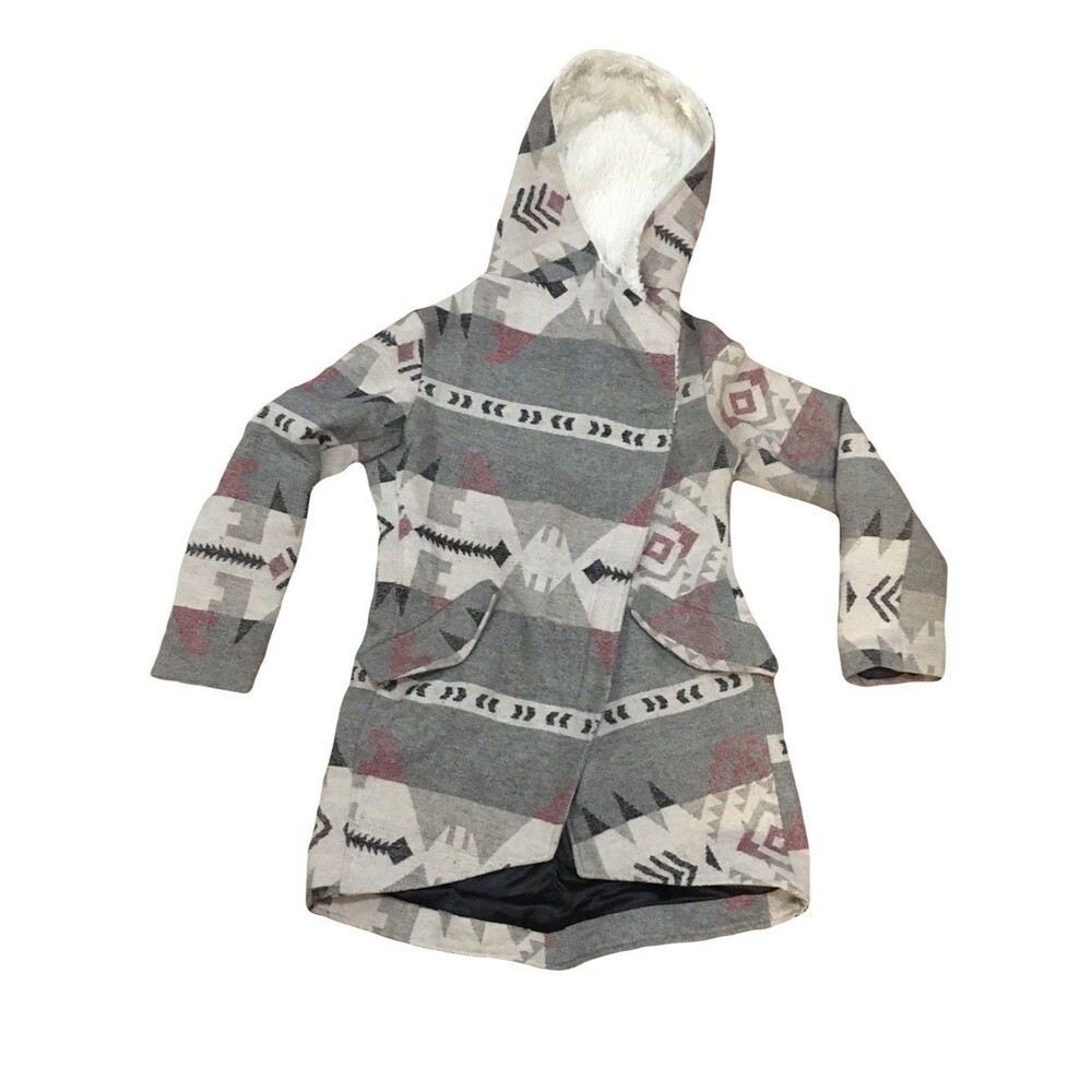 Me Jane SMALL Full Zip Furry Sherpa Teddy Lined Hood Native Print Coat Cozy Warm